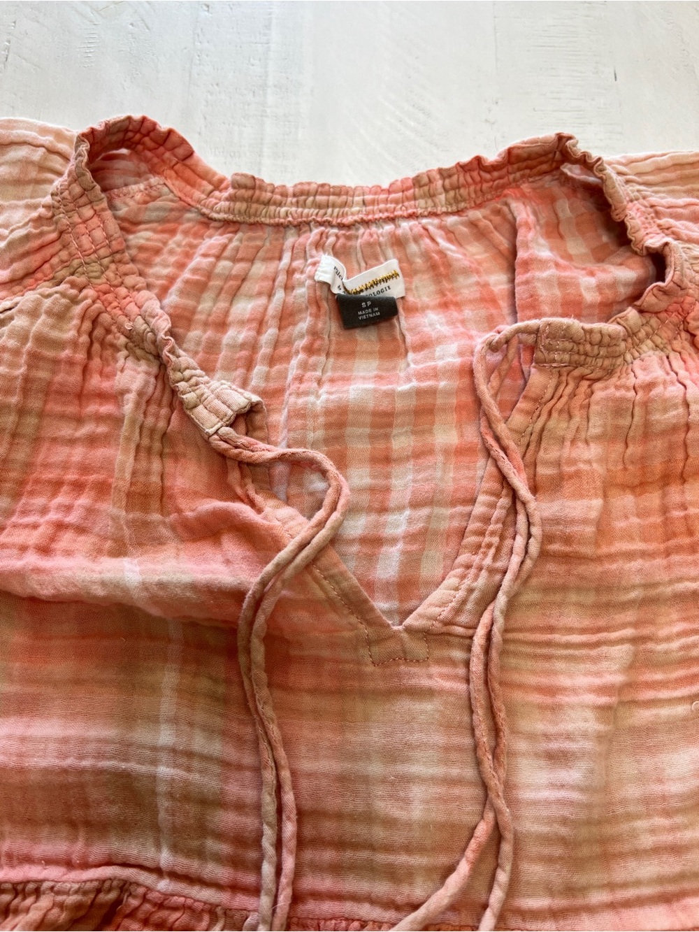 Anthropologie Pilcro Bette Peach Plaid  Blouse Drawstring SP Boho Cottagecore - Picture 3 of 8